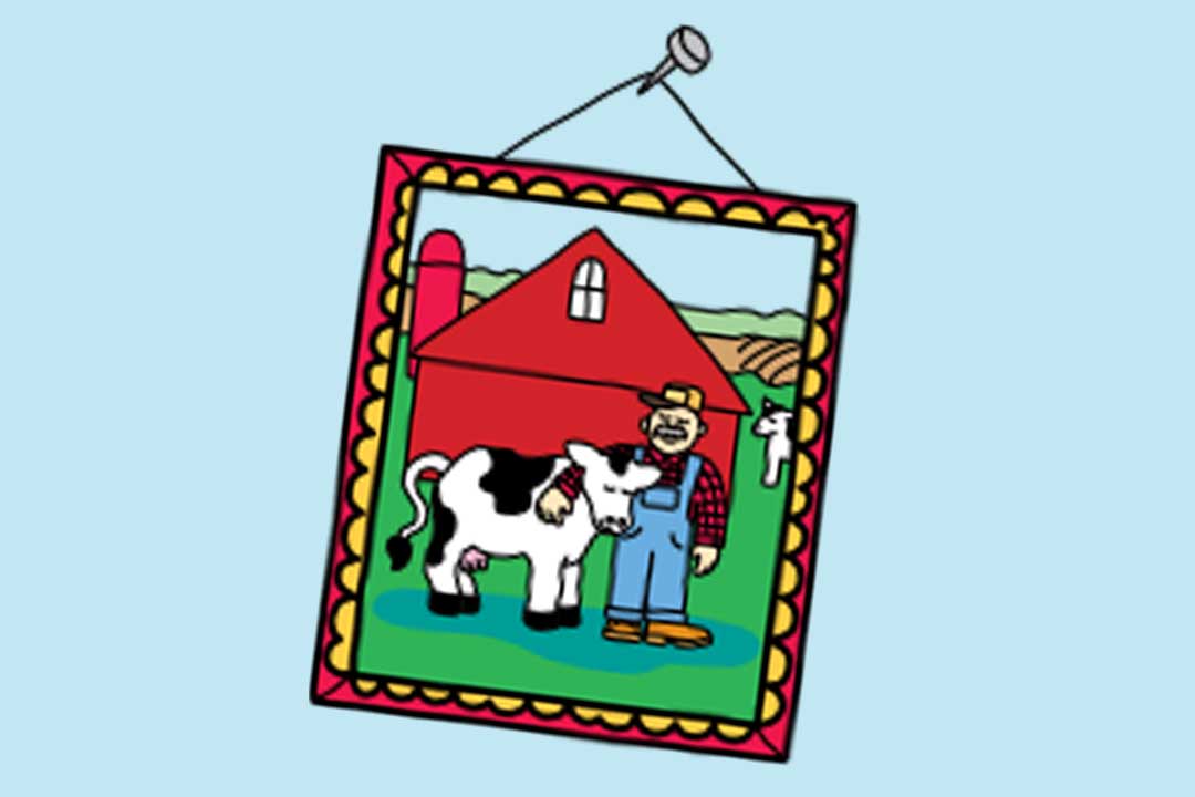 Imagen de un granjero abrazando a su vaca